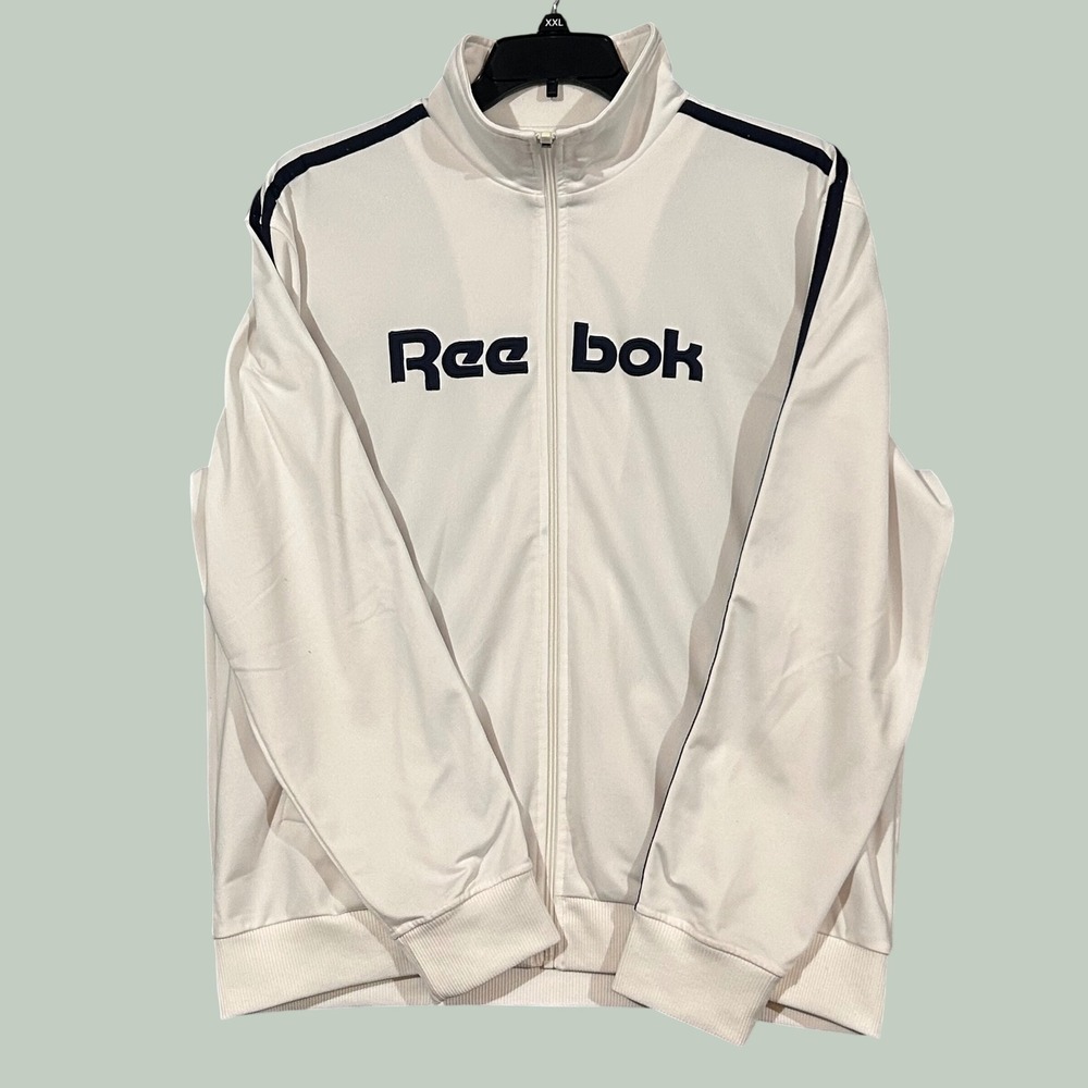 Reebok Mens XL Premium Track Jacket Off White Navy Blue Full Zip Striped